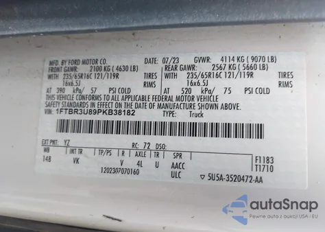 2023 Ford Transit T-250 z USA, uszkodzony, nr VIN 1FTBR3U89PKB38182